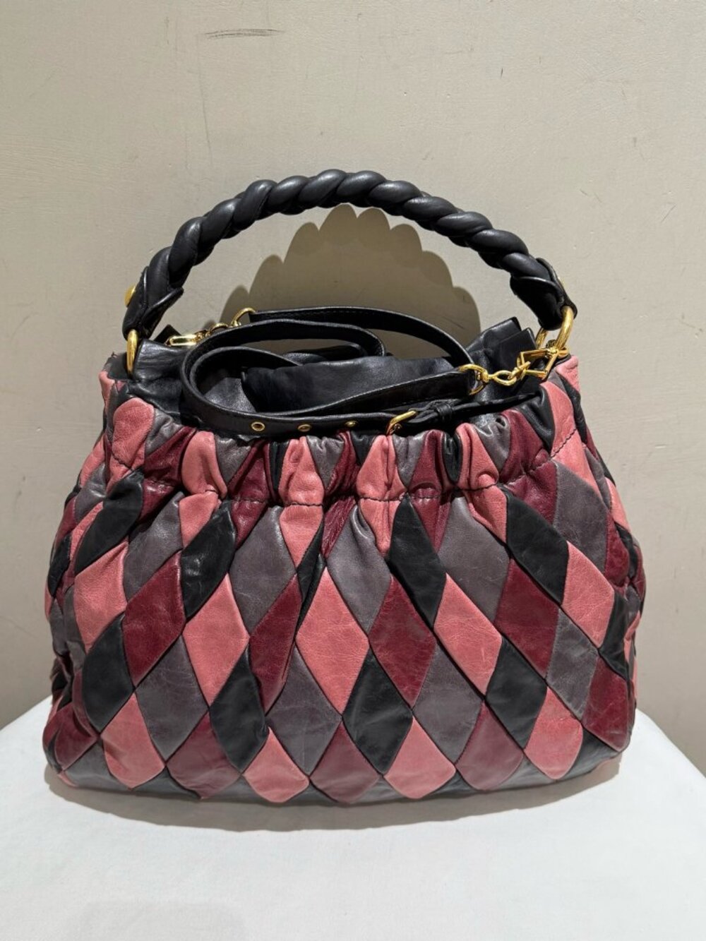 Miu Miu Harlequin Multi‑Tone Diamond Patchwork Lambskin Vintage Tote Handbag